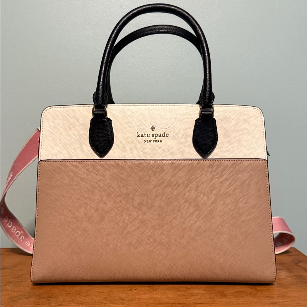 kate spade Cream and Tan Satchel with Black Handles